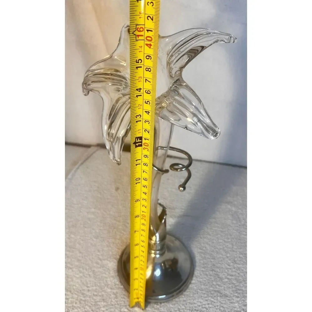 Vintage Mid Century Blown Glass Lily Vase Art In Silver Tone Base